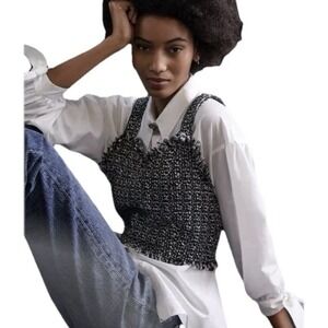 Mare Mare x Anthropologie Black White Tweed Fringe Crop Top XL Chic EUC Textured